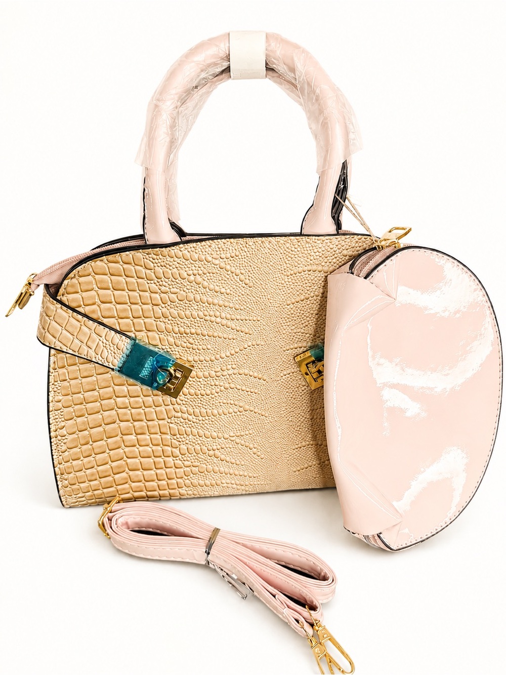 Two-Tone Croc-Textured Satchel with Pink Pouch